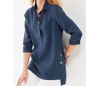 J. Jill Love Linen Popover Tunic Button Front Collared Navy Blue Medium Top